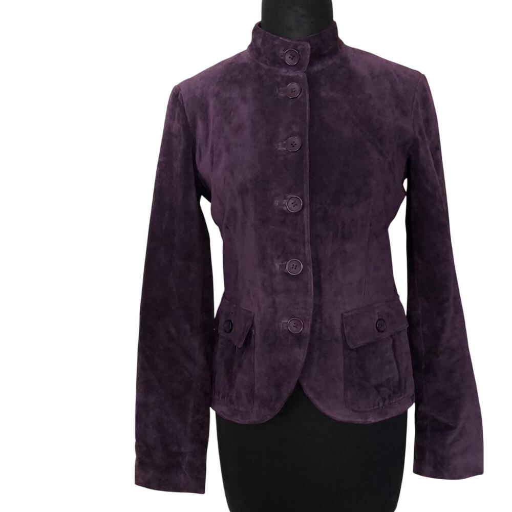 Cache Purple Fitted Leather Suede Jacket Top New Lined Banded Collar $248 NWT - Picture 3 of 15